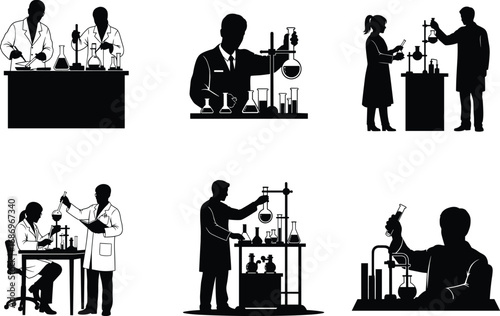 Scientist silhouettes in laboratory, research teamwork, chemical experiments, lab glassware, scientific collaboration, test tubes, academic study, vector illustration, science concept, discovery scene