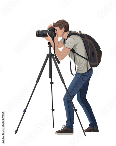 vector of a photographer holding DSLR camera on tripod, with model silhouette, clean vector on white

