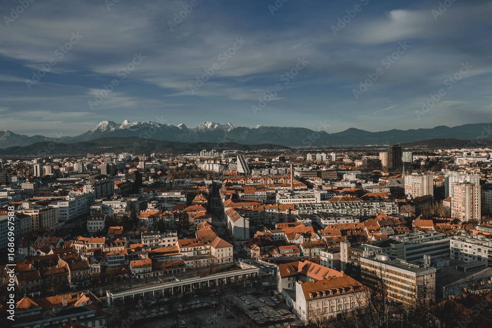 Obraz premium A panoramic view of the city of Ljubljana, with its red roofs and historic architecture, set against the majestic, snow-capped Julian Alps. 