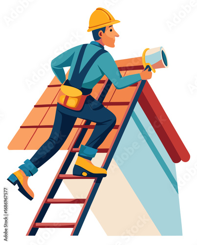 vector of a construction roofer on ladder laying roof tiles or shingles, tool belt on, clean style on white
