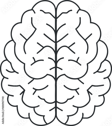 Black and white line art illustration of a human brain viewed from above showing cerebral structure and folds