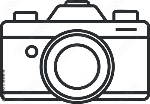 Black and white line drawing of a camera with a prominent lens, representing photography equipment