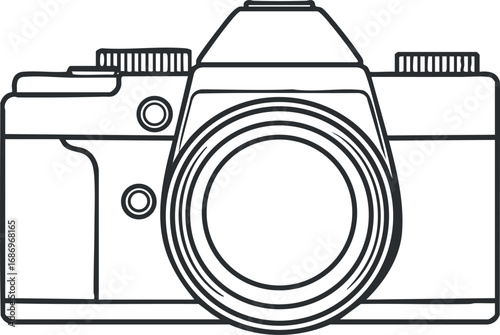 Black and white outline illustration of a DSLR camera with lens and control dials, front view