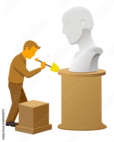 vector of a sculptor chiseling a stone bust on pedestal, dust flying, isolated on white background
