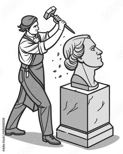 vector of a sculptor chiseling a stone bust on pedestal, dust flying, isolated on white background
