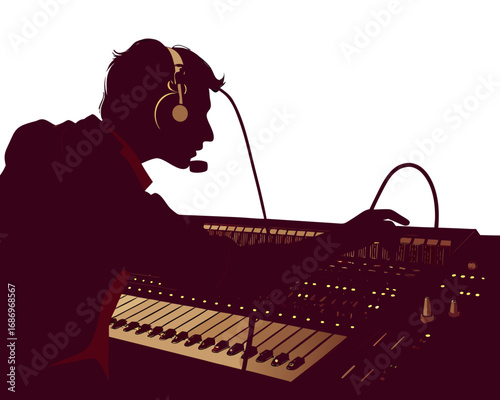vector of a sound technician adjusting audio levels at a large soundboard, headphones on, white background
