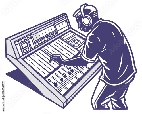 vector of a sound technician adjusting audio levels at a large soundboard, headphones on, white background

