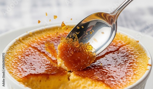 Food: crème brûlée caramelized crust being cracked with spoon, blurred background of tablecloth.