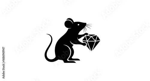Black silhouette of a mouse holding a large precious diamond.