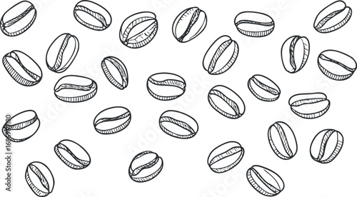 Hand-drawn monochrome illustration of scattered coffee beans isolated on white background.