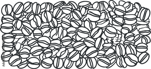 Black and white line art illustration of coffee beans densely packed in a rectangular shape