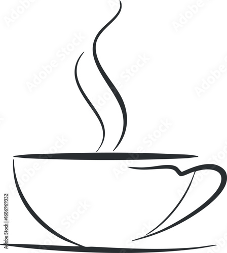 Simple black and white outline illustration of a steaming hot coffee cup isolated on white background