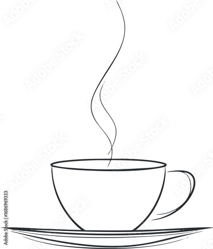 Minimalist black and white line drawing of a steaming hot cup of coffee or tea on a saucer