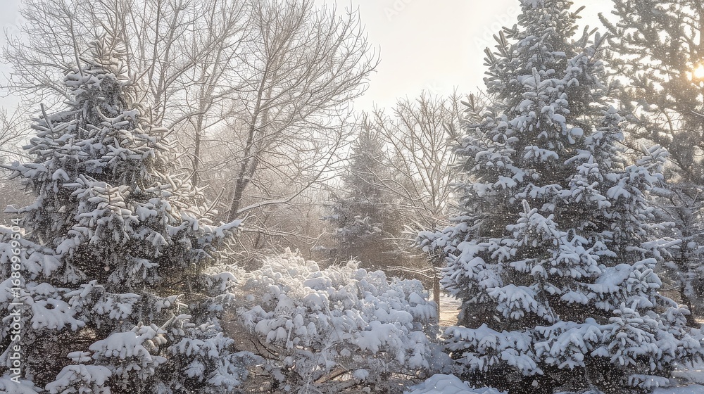 Fototapeta premium A picturesque winter scene with trees heavily laden with snow, creating a magical and enchanting atmosphere in the winter forest