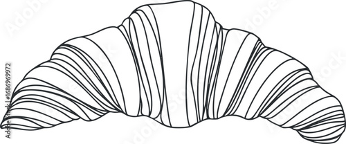 Black and white line drawing of a croissant pastry with detailed flaky layers on white background