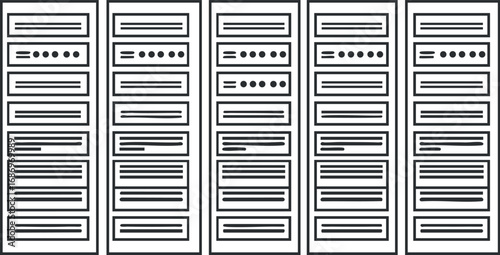 Row of server racks with network and data storage components in a data center environment