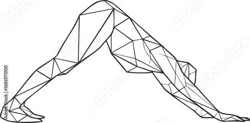 Geometric line art of a person performing downward dog yoga pose for fitness and flexibility