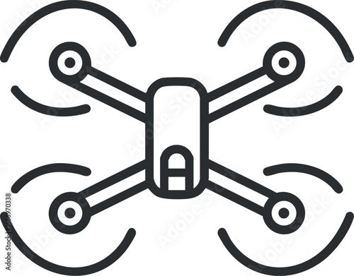 Black and white outline icon of a quadcopter drone with four rotors flying in the air