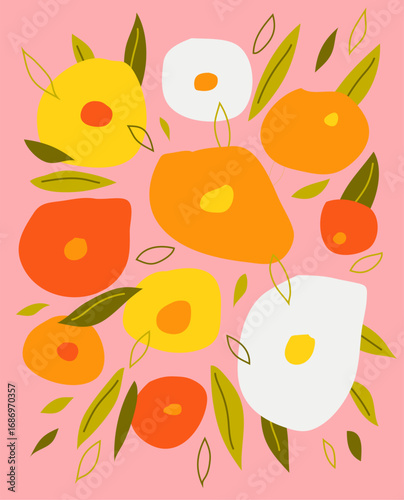 Vintage floral collage with cut-out daisy and leaf shapes in pastel colors. Hand drawn naive scrapbook style for romantic invitations, journals, or wallpaper.