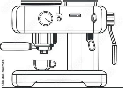 Line art illustration of an espresso coffee machine with a cup placed below the portafilter for brewing.