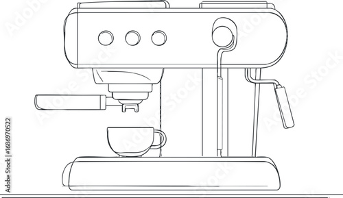 Black and white line drawing of an espresso machine with a cup ready for brewing coffee in a kitchen or cafe setting.