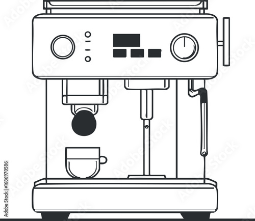 Black and white line drawing of a modern espresso coffee machine with a cup placed under the spout and steam wand on the side.