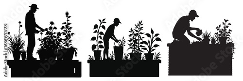 Urban farmer rooftop garden silhouette art, high quality black silhouette vector of urban farmer tending rooftop plants watering trimming and inspecting garden pots detailed design set
