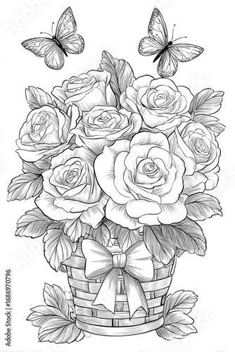 Wallpaper Mural Detailed grayscale rose bouquet in a basket with butterflies Torontodigital.ca