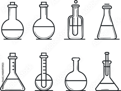 Set of black outline laboratory glassware icons including flasks, beakers and test tubes for scientific experiments and research