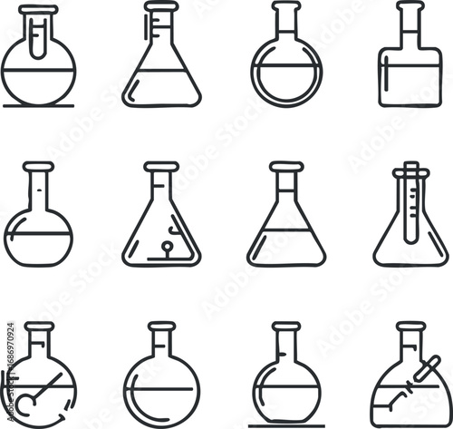 Set of twelve black and white outline icons of different laboratory flasks and glassware used in chemistry experiments
