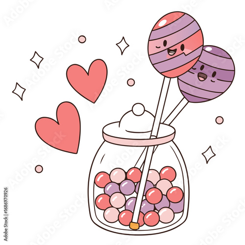 Illustration of a candy jar filled with gumballs and two lollipops with hearts and sparkles around it created with generated ai