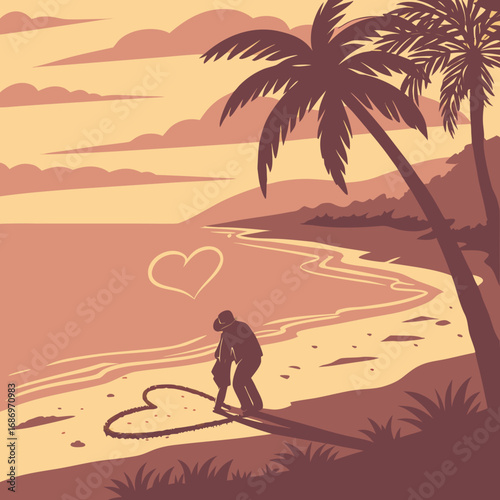 Silhouette of a parent and child drawing hearts on a beach with palm trees at sunset illustration created with generated ai