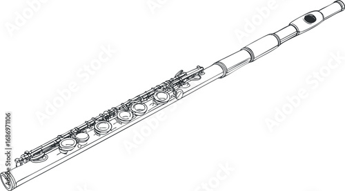 Detailed black and white line drawing of a flute musical instrument isolated on white background