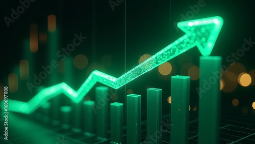 A conceptual business growth chart. A glowing green neon arrow showing an upward financial trend on a futuristic digital background for technology and data analysis. Generative Ai.