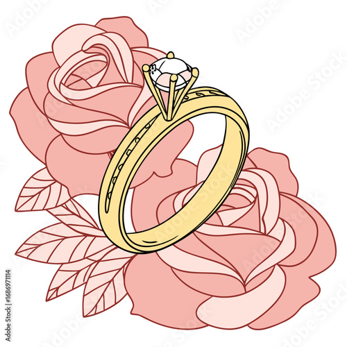Golden engagement ring with a diamond on top of pink roses and leaves illustration for wedding or anniversary gift created with generated ai