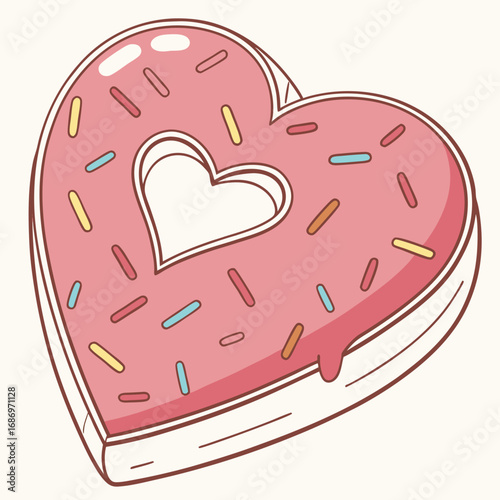 A heart shaped donut with pink frosting and colorful sprinkles and a heart shaped hole in the middle created with generated ai