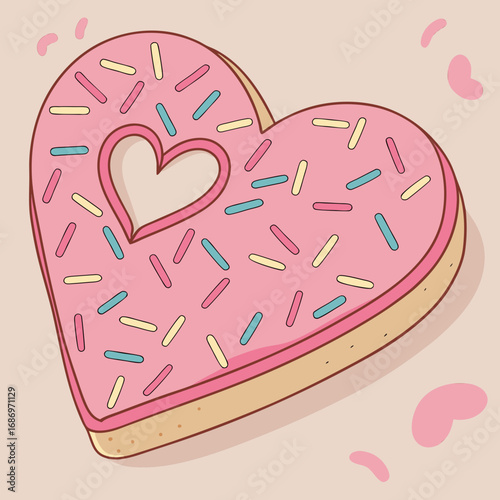 A heart shaped donut with pink frosting and colorful sprinkles and a heart shaped hole in the middle created with generated ai