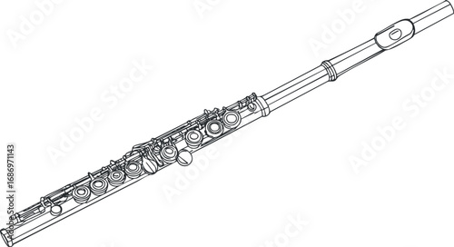 Black and white line drawing of a flute musical instrument showing detailed keys and structure