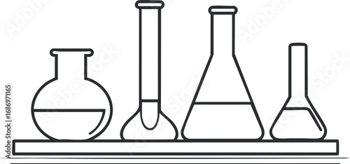 Outline illustration of a set of laboratory glassware including flasks and test tubes used in chemistry experiments