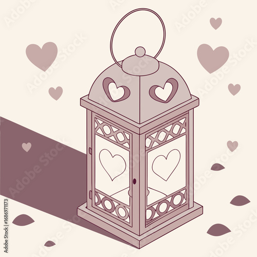 Illustration of a decorative lantern with heart cutouts surrounded by floating hearts and shadow created with generated ai