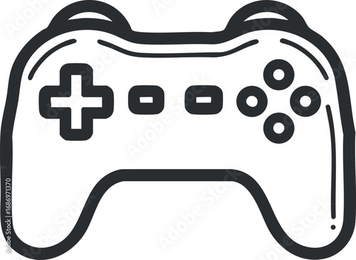 Black and white line drawing of a video game controller with buttons and directional pad for gaming