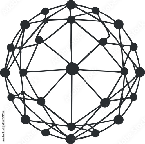 Abstract black network sphere composed of interconnected nodes and lines representing digital connections