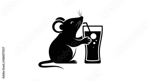 Black silhouette of a cute mouse drinking from a glass with a straw.