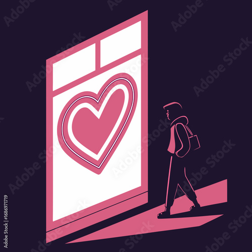 Person walking towards a large window with a heart shape in a dark room with pink light shining through created with generated ai