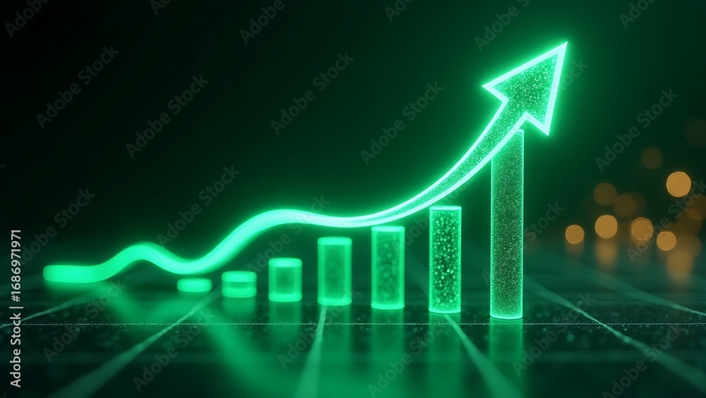 Fototapeta premium A conceptual business growth chart. A glowing green neon arrow showing an upward financial trend on a futuristic digital background for technology and data analysis. Generative Ai.