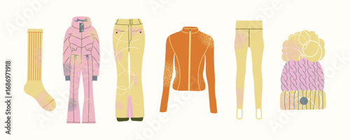 Women's ski clothing. Winter sports and outdoor recreation essentials, warm jacket, pants, socks, thermal underwear, hat. Flat vector illustration. Winter sport and holiday travel concept
