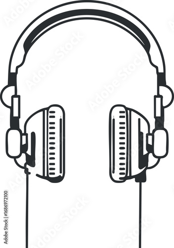 Black and white illustration of headphones with earcups and headband for audio listening