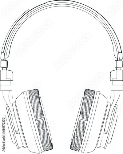 Black and white line art illustration of over-ear headphones with detailed ear cushions and adjustable headband