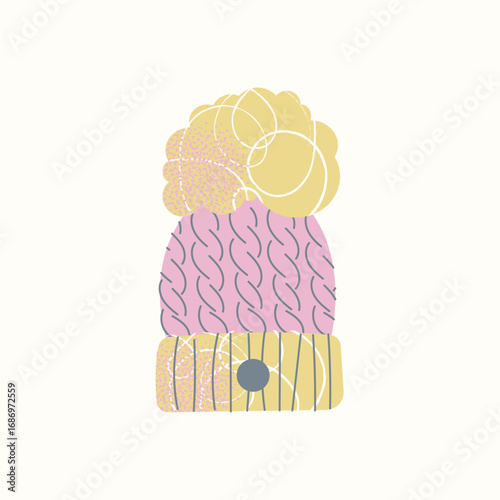 Cozy knitted winter hat with pompom. Warm headwear for cold weather, ski trips, and winter sports. Flat vector illustration. Winter sport and holiday travel concept