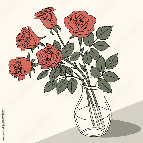 Illustration of a clear vase filled with water holding a bouquet of five red roses with green leaves created with generated ai